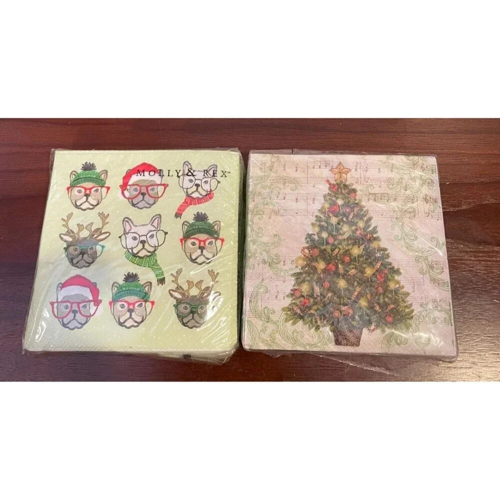 Molly & Rex Cypress Home Christmas Napkins 10"x10" Lot of 2 Bulldog Frenchie‎